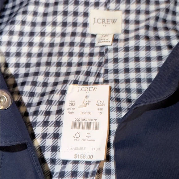 NWT J. Crew Navy Trench Coat with Gingham Detail - Picture 2 of 5